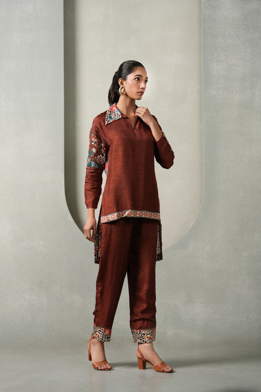 Vanira 2-Piece Embroided Co-ord Set - Brown