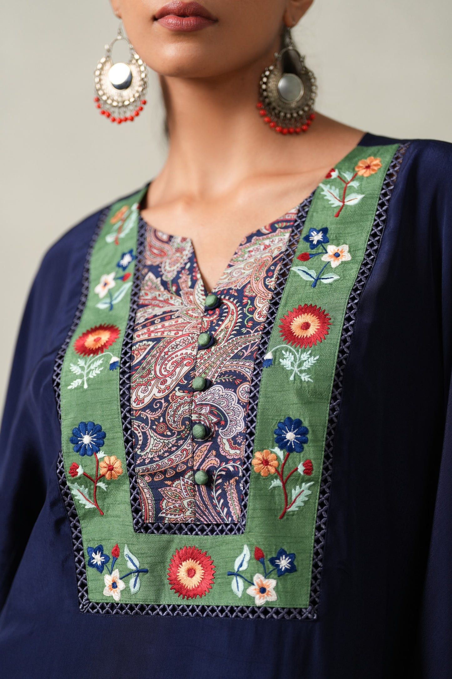 Khusmira Embroided Co-ord Set in Crepe Kaftan with Latkans