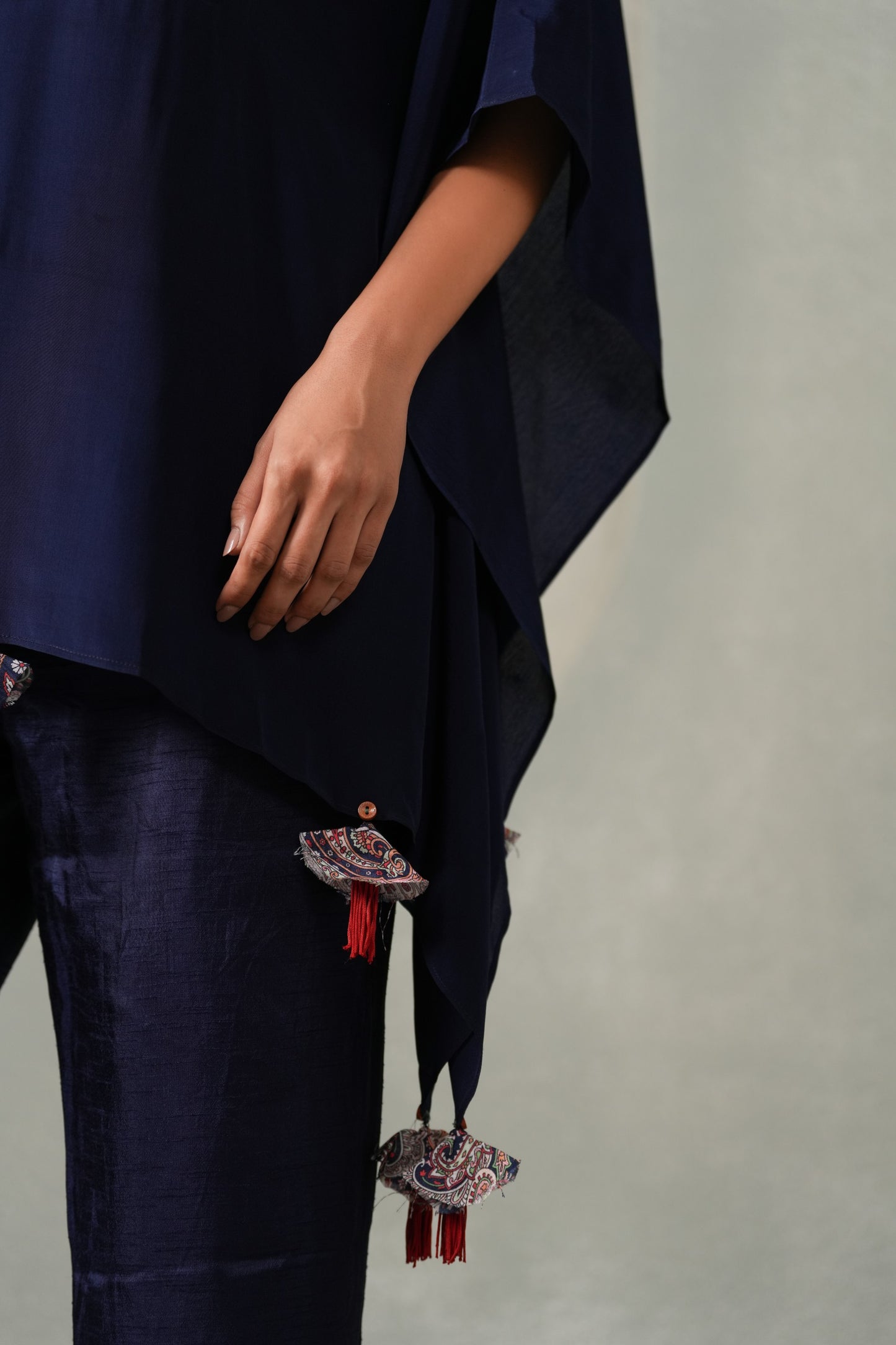 Khusmira Embroided Co-ord Set in Crepe Kaftan with Latkans