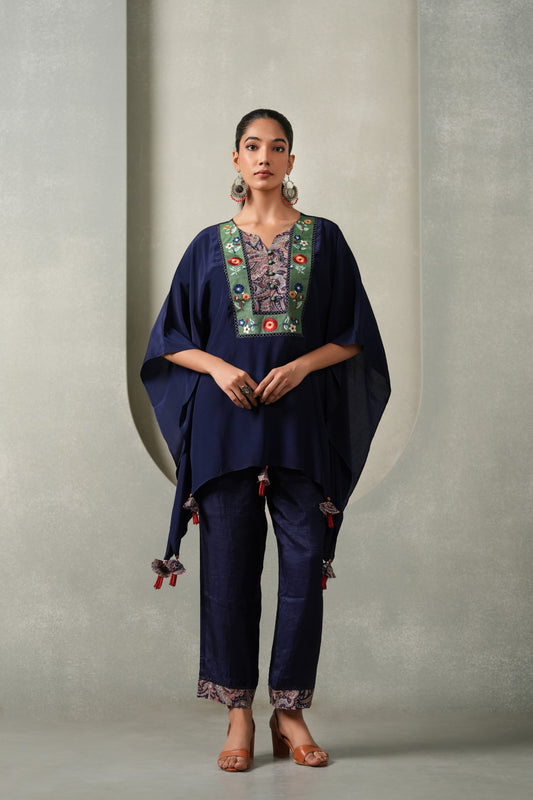 Khusmira Embroided Co-ord Set in Crepe Kaftan with Latkans