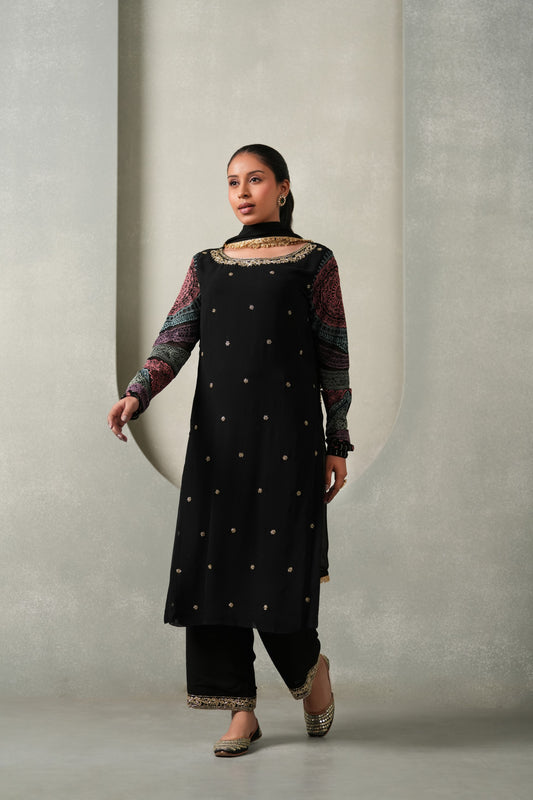 Samya Embroided Suit Set with Lace Work Dupatta  - Black