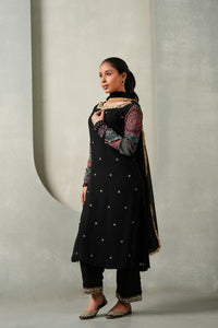 Samya Embroided Suit Set with Lace Work Dupatta - Black
