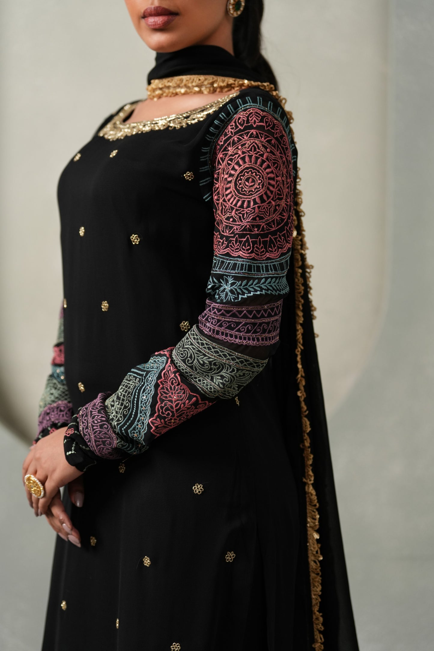 Samya Embroided Suit Set with Lace Work Dupatta  - Black