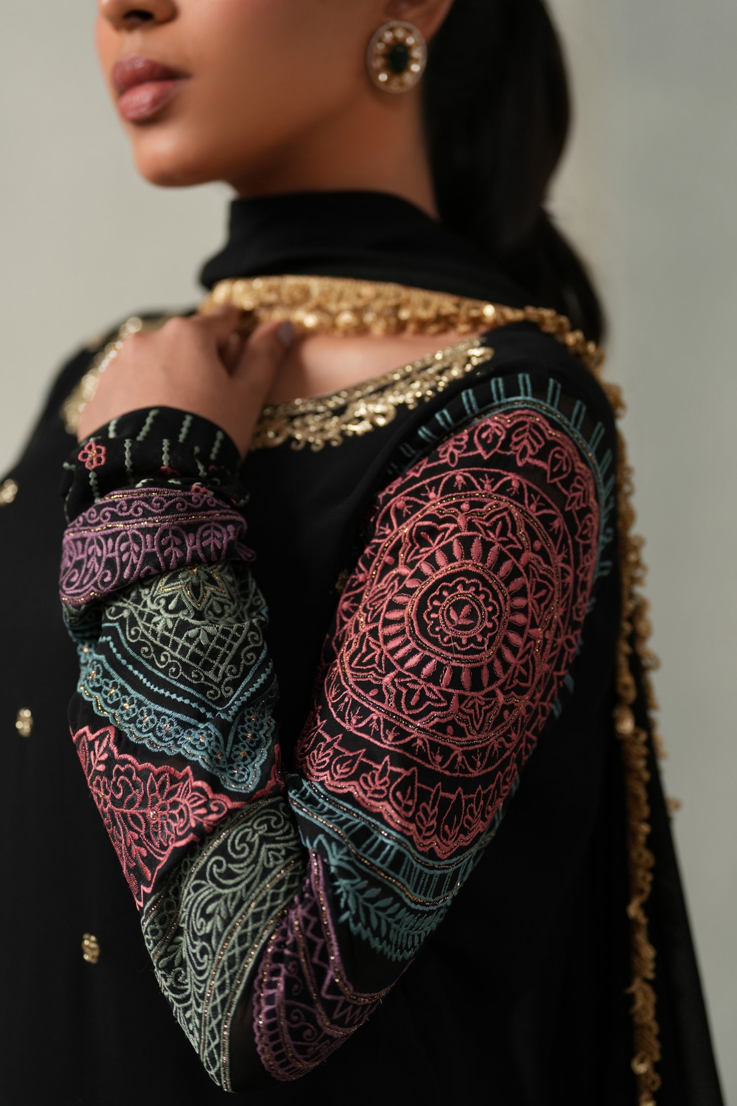 Samya Embroided Suit Set with Lace Work Dupatta  - Black