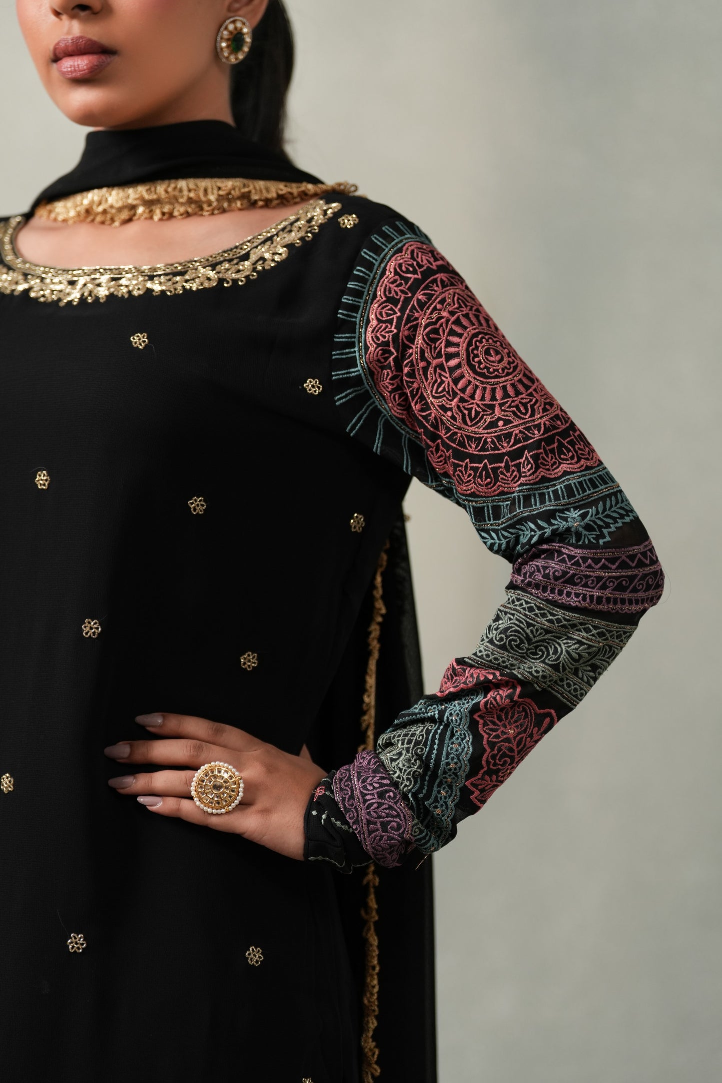 Samya Embroided Suit Set with Lace Work Dupatta  - Black