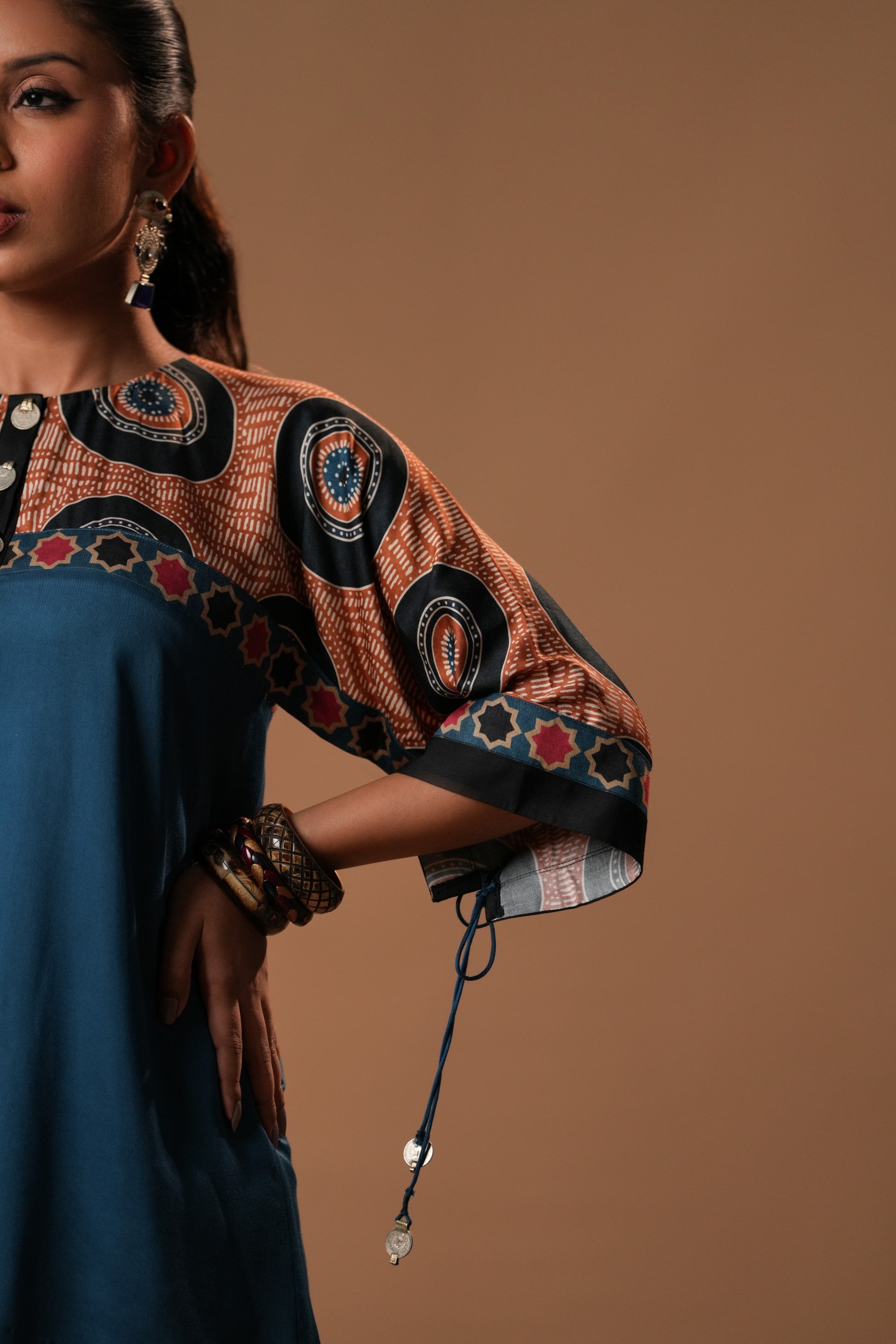 Indiraa Printed Top with Sleeves attached with Dori