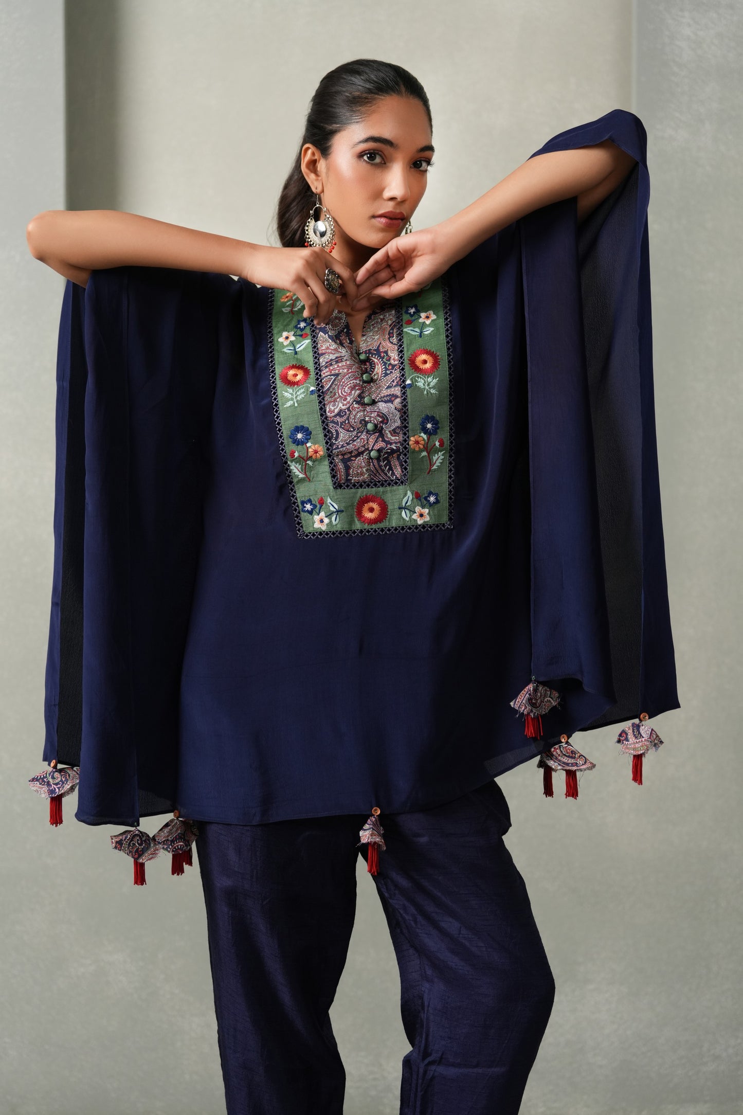 Khusmira Embroided Co-ord Set in Crepe Kaftan with Latkans