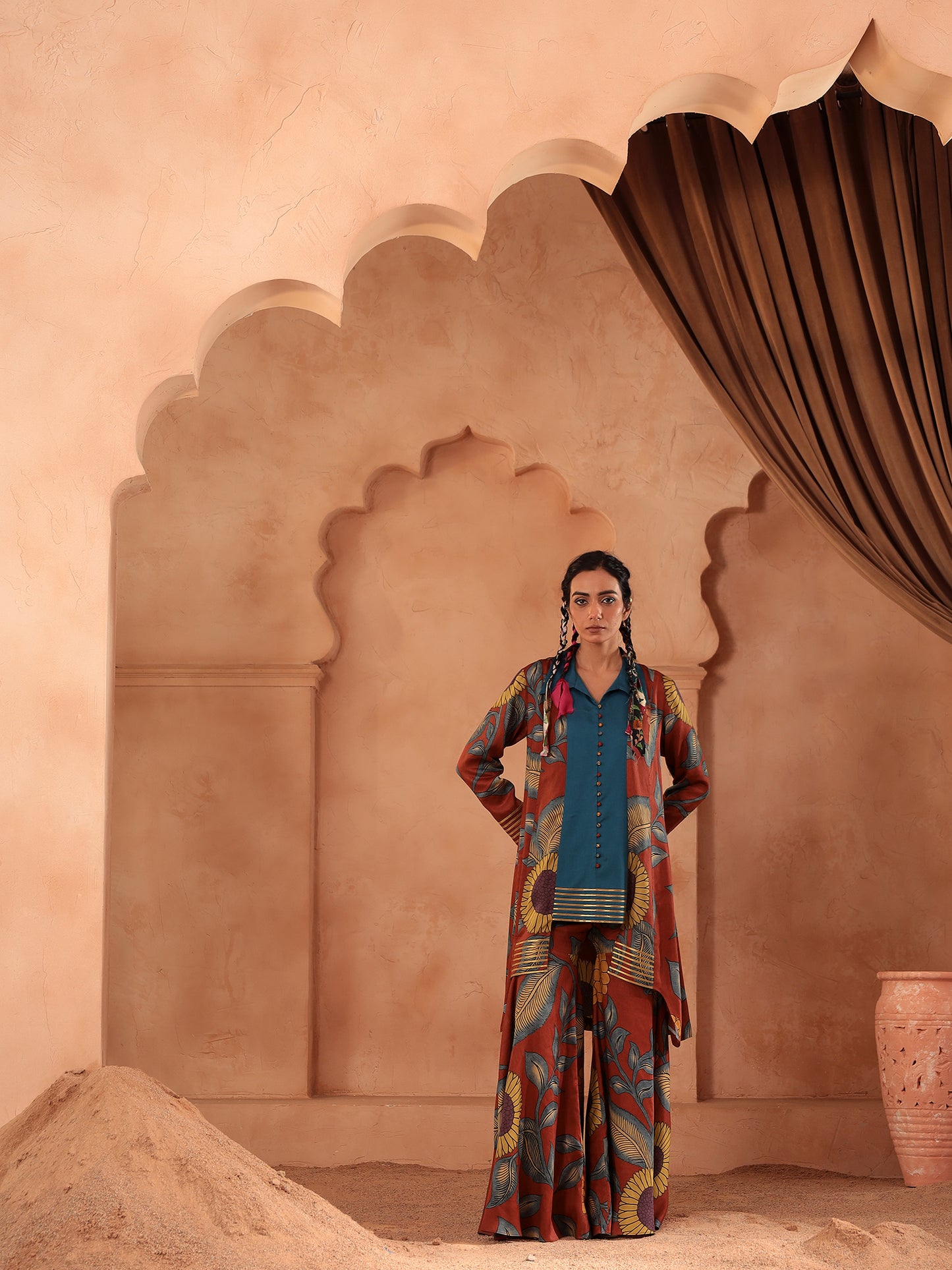 Button Detail Kurti Sharara Set