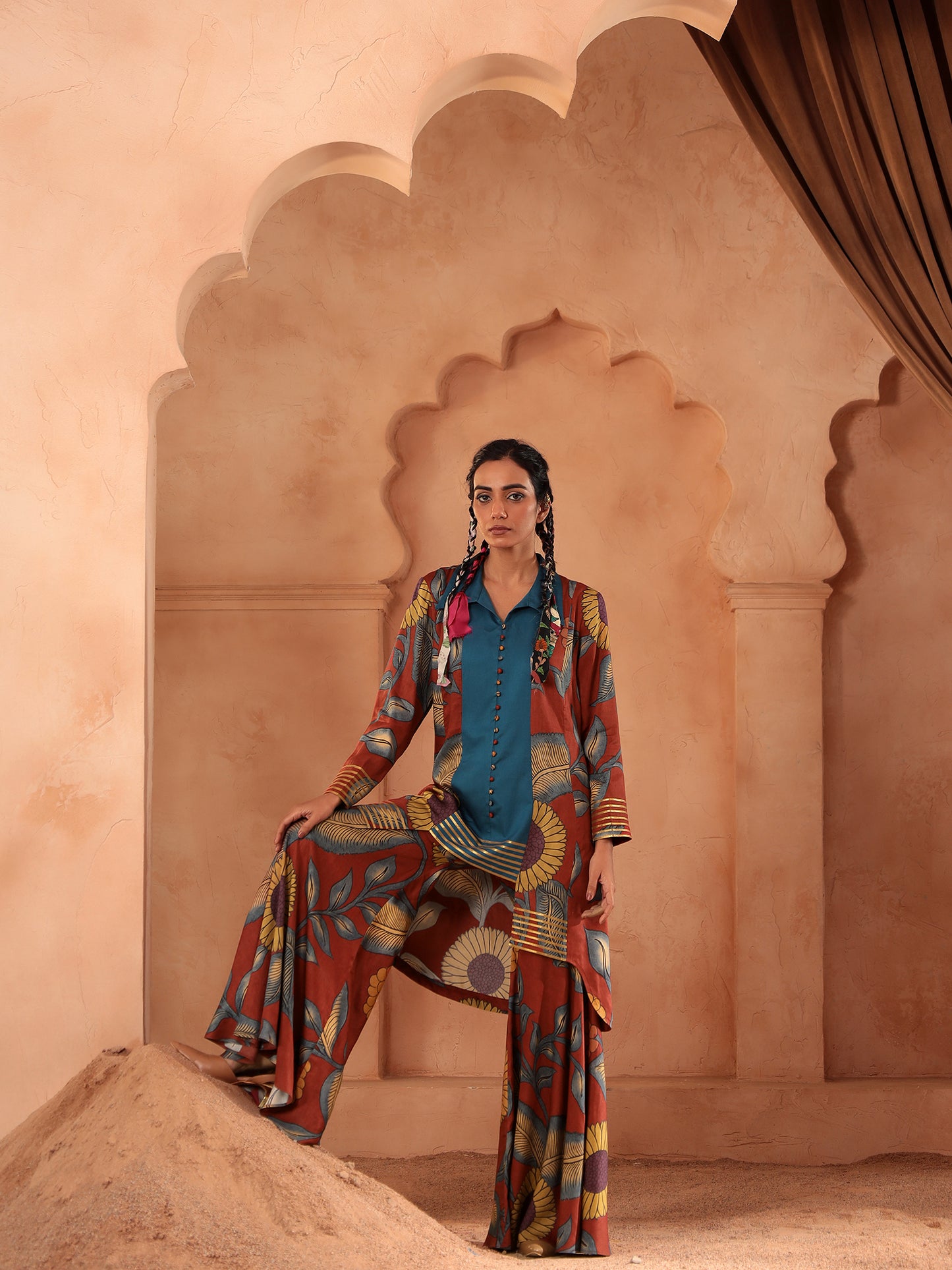 Button Detail Kurti Sharara Set