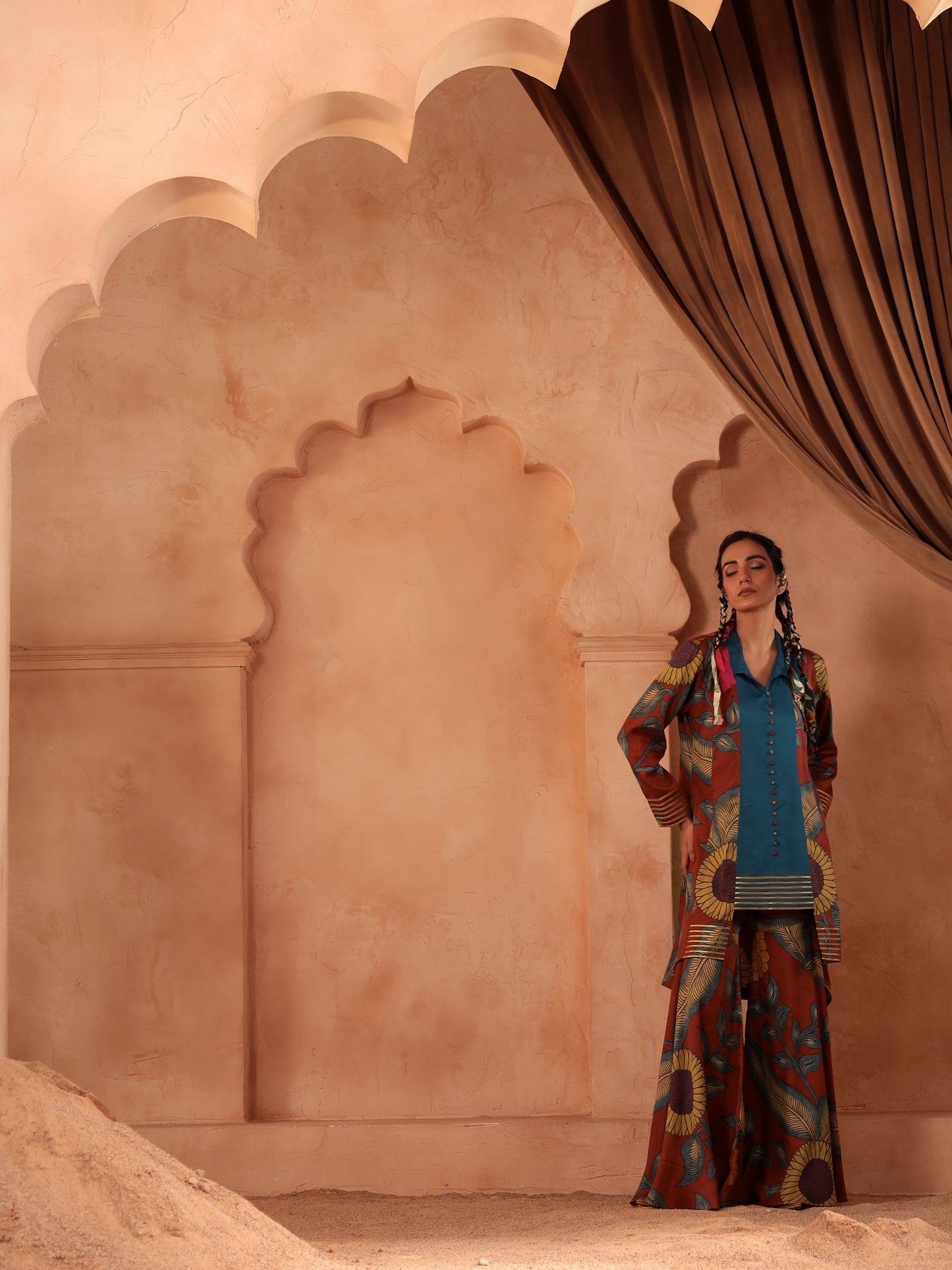 Button Detail Kurti Sharara Set